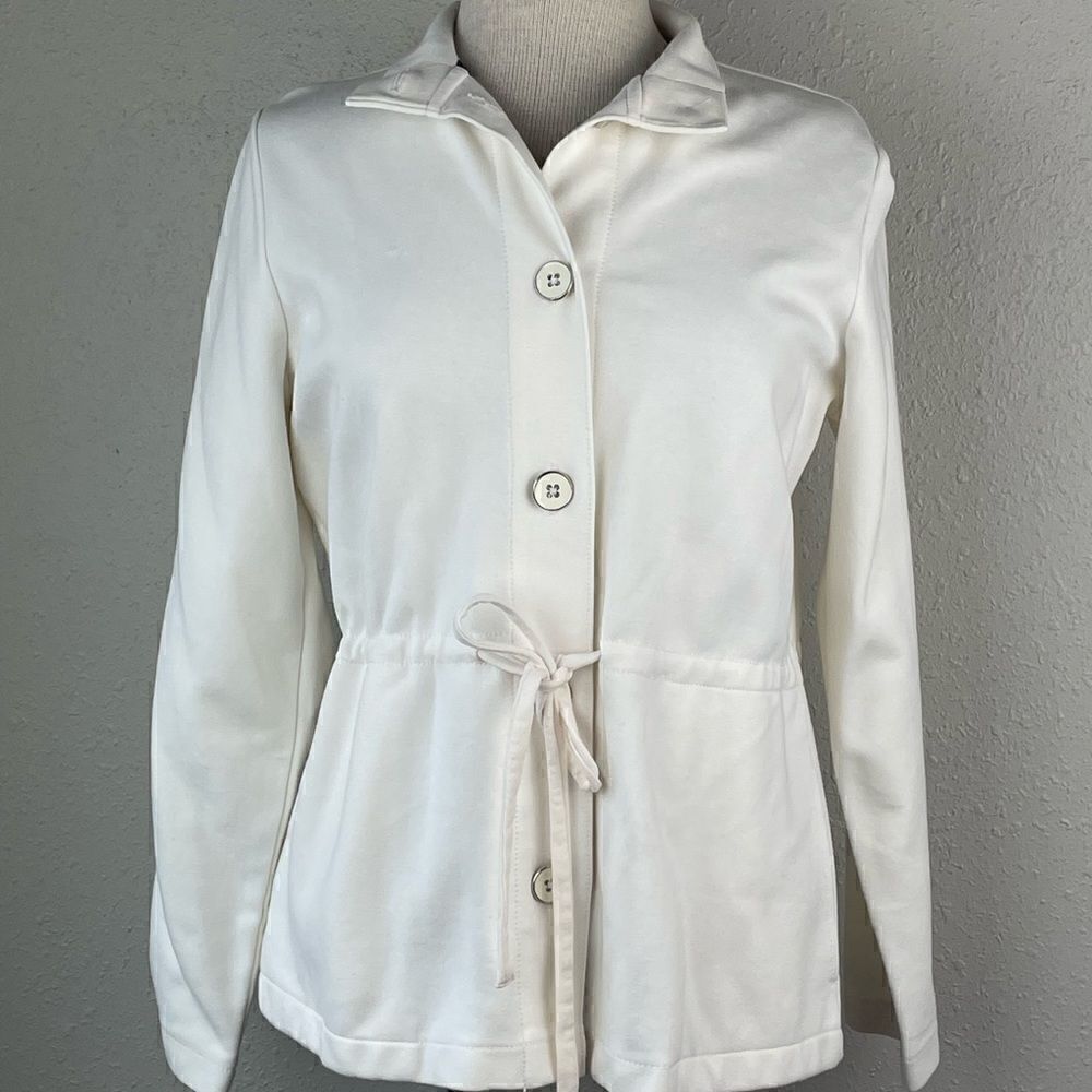 EUC Liz Claiborne Womens Lightweight Cotton White Button Down w/Tie Jacket L